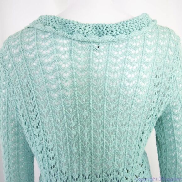 Pointelle green linen cotton blend cardigan sweater, size M - Picture 8 of 16